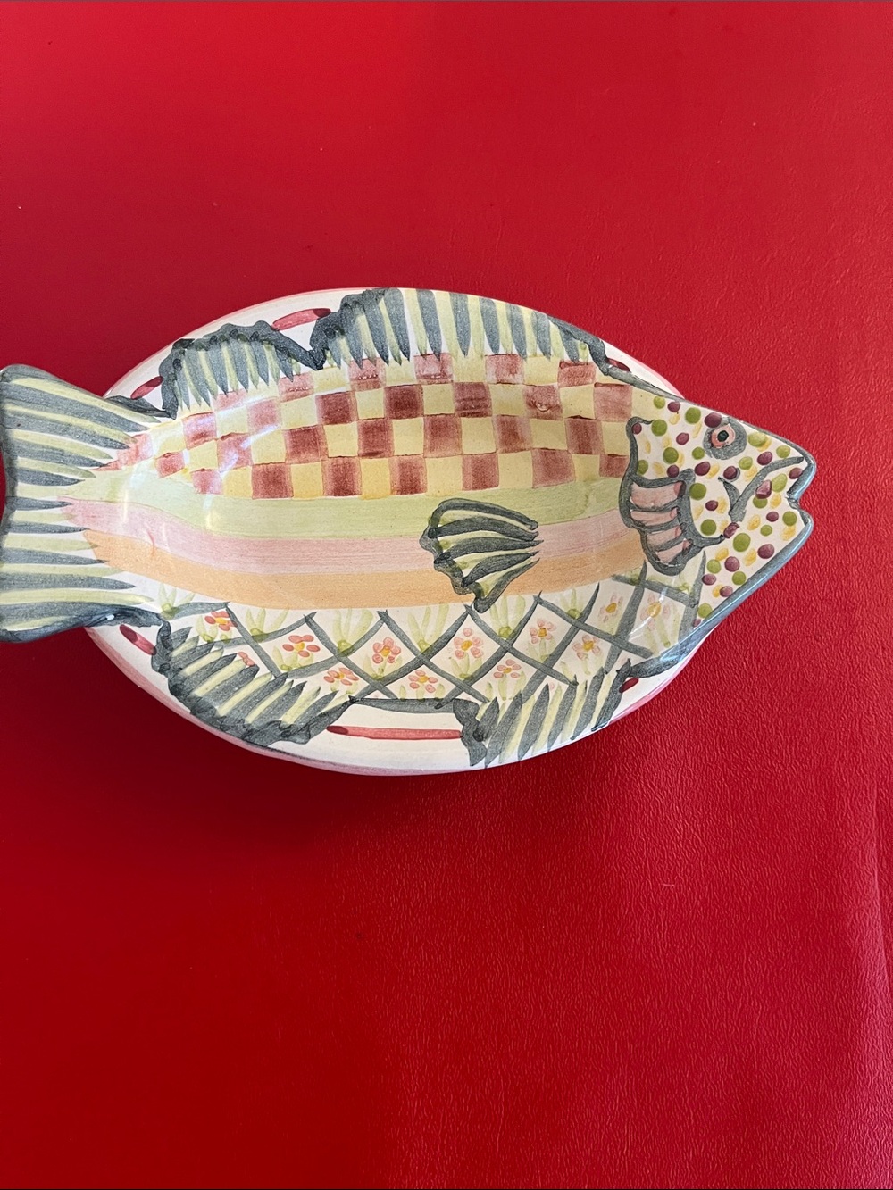 Vintage 1983 MacKenzie-Childs Hand-Painted Fish Platter in Pastel Stripes